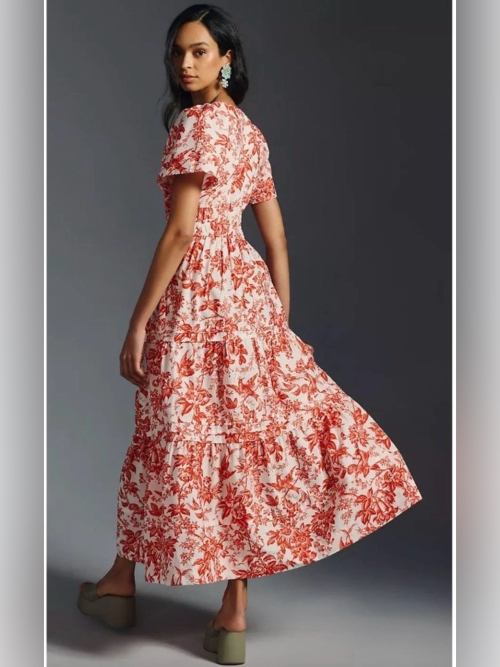 Anthropologie The Somerset Maxi Dress Red Coral Floral Toile Large EUC - Picture 2 of 13